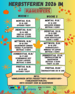 Plakat der Veranstaltungen während der Herbstferien im Freizeittreff Mauerwerk